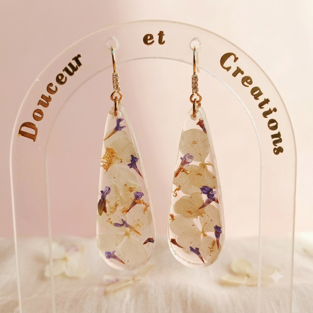 Boucles d'oreilles fleurs d'hortensia et lavande - Grâce et sérénité
