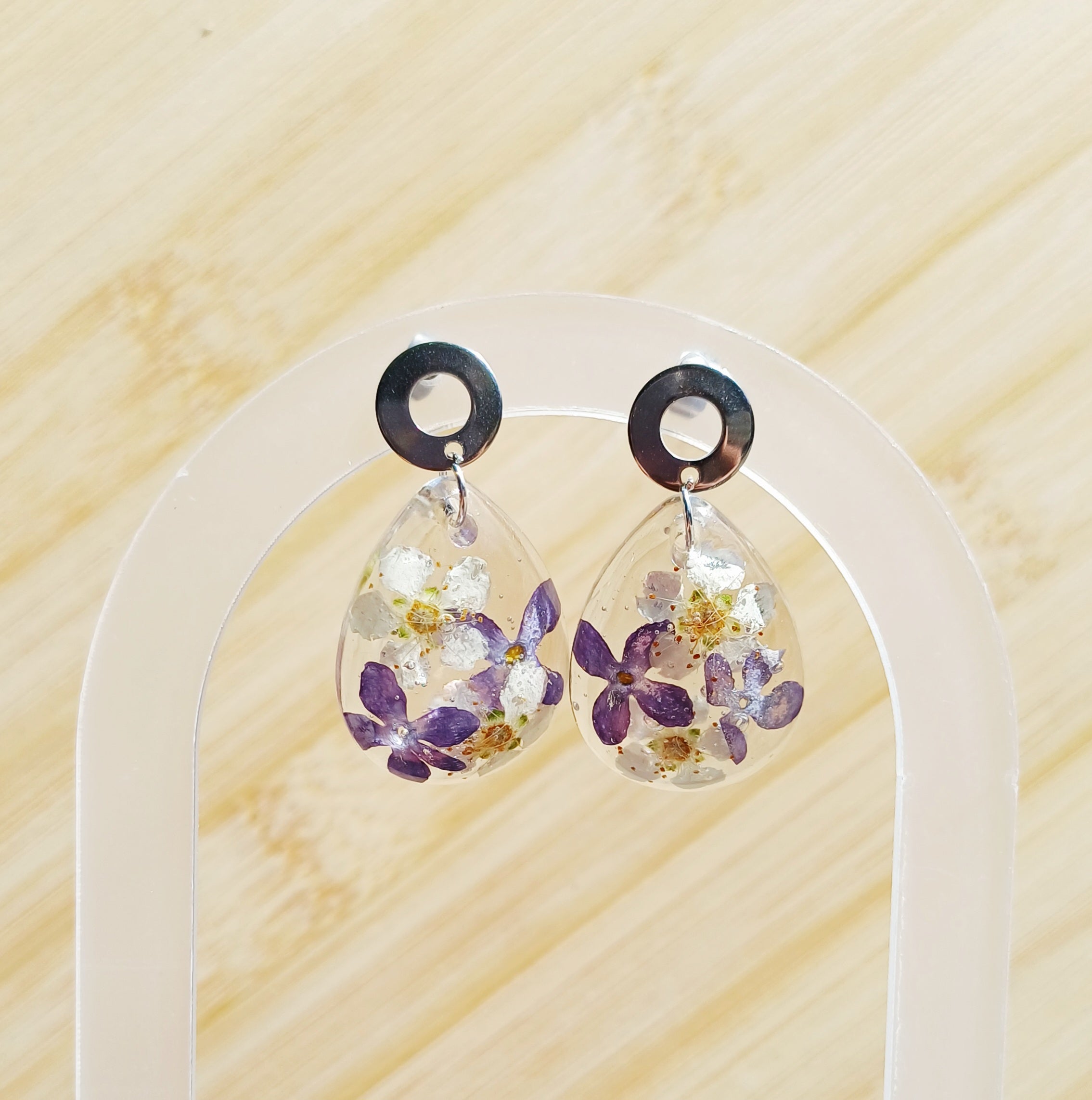 Parure Lilas Séché — Boucles d'oreilles et Collier Fait Main