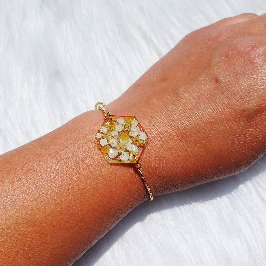Bracelet Mimosa ajustable – Fleur Séchée Naturelle – Acier Inoxydable