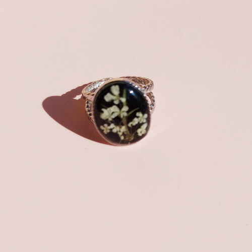 Bague Ajustable Fleur de Carotte Sauvage sur fond noir
