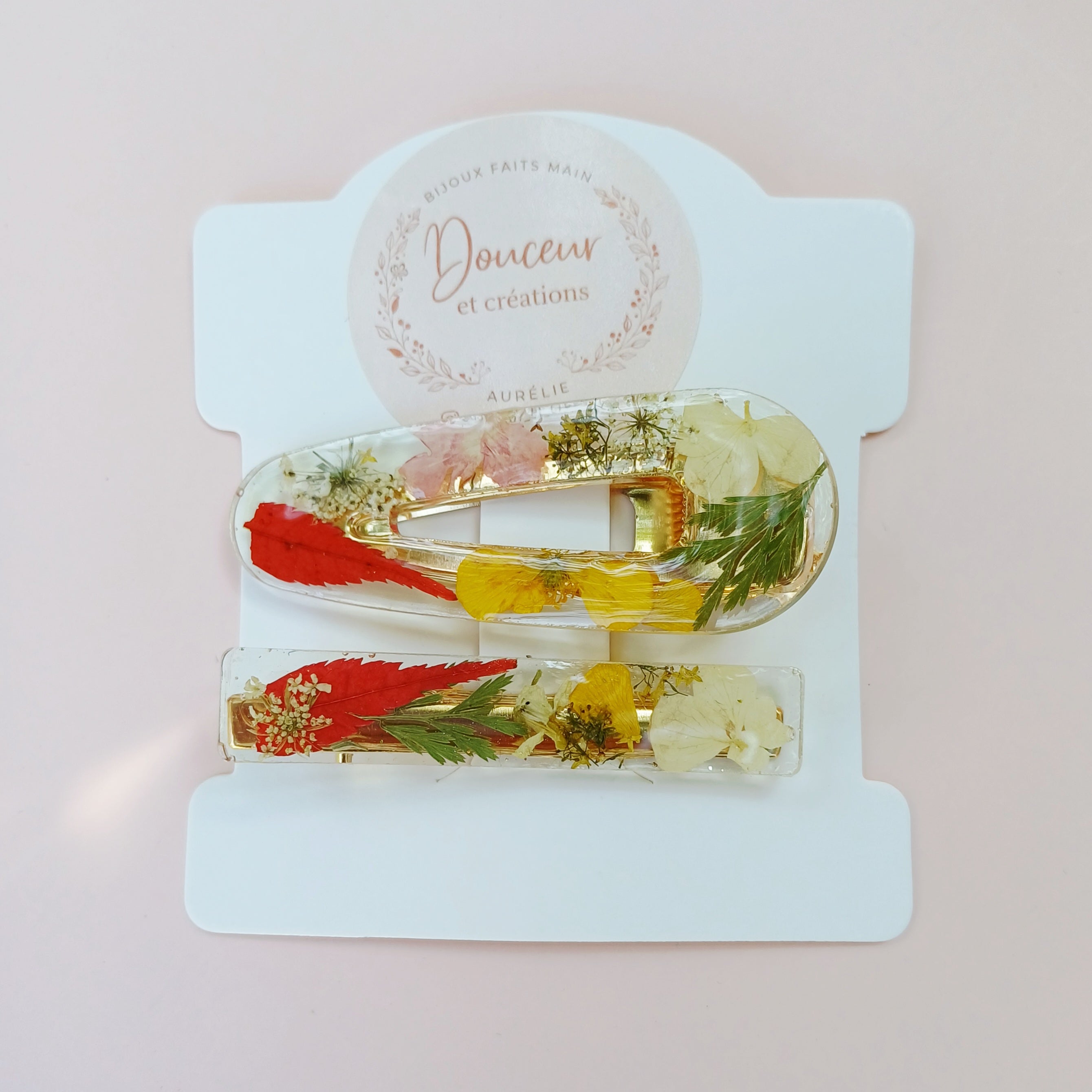 Lot de 2 Barrettes Feuille d'Érable et Hortensia séchés