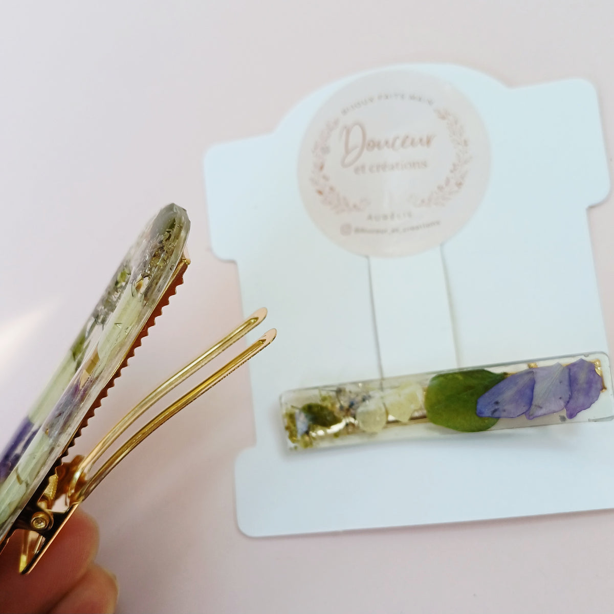Barrette Hortensia Blanc et Delphinium Bleu séchés