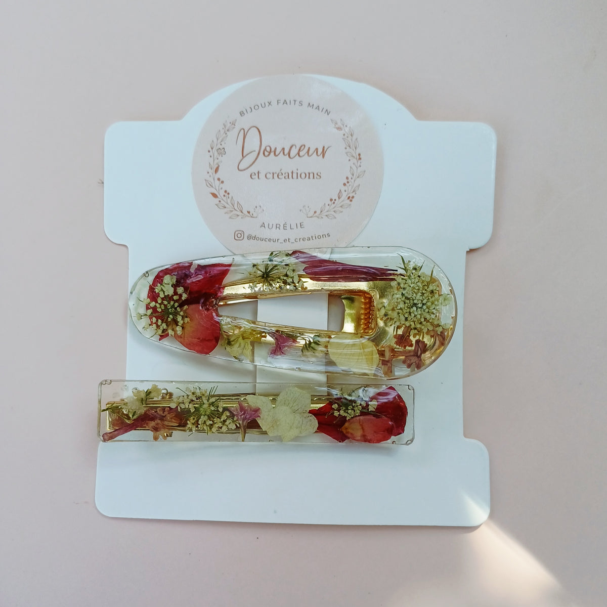 Barrettes Rose Rouge et Fleur de Carotte Sauvage séchées