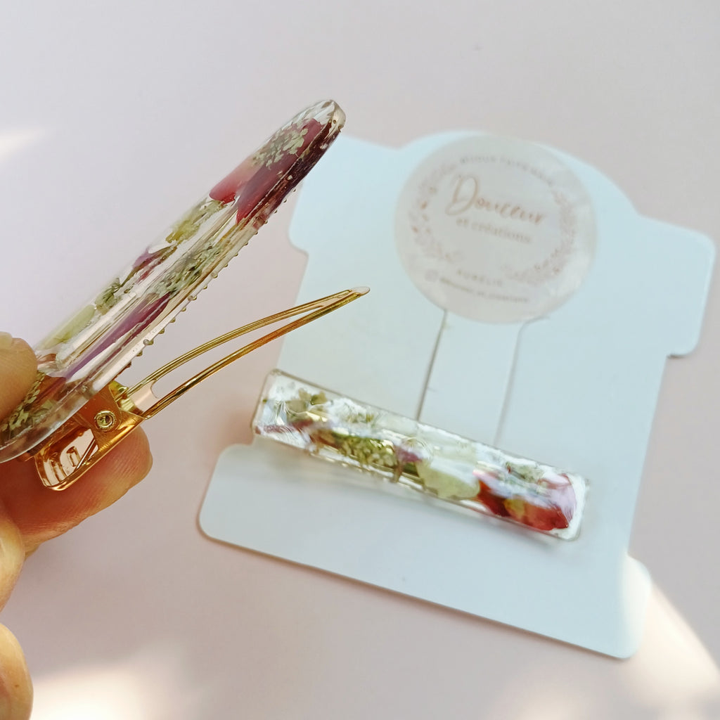 Barrettes Rose Rouge et Fleur de Carotte Sauvage séchées