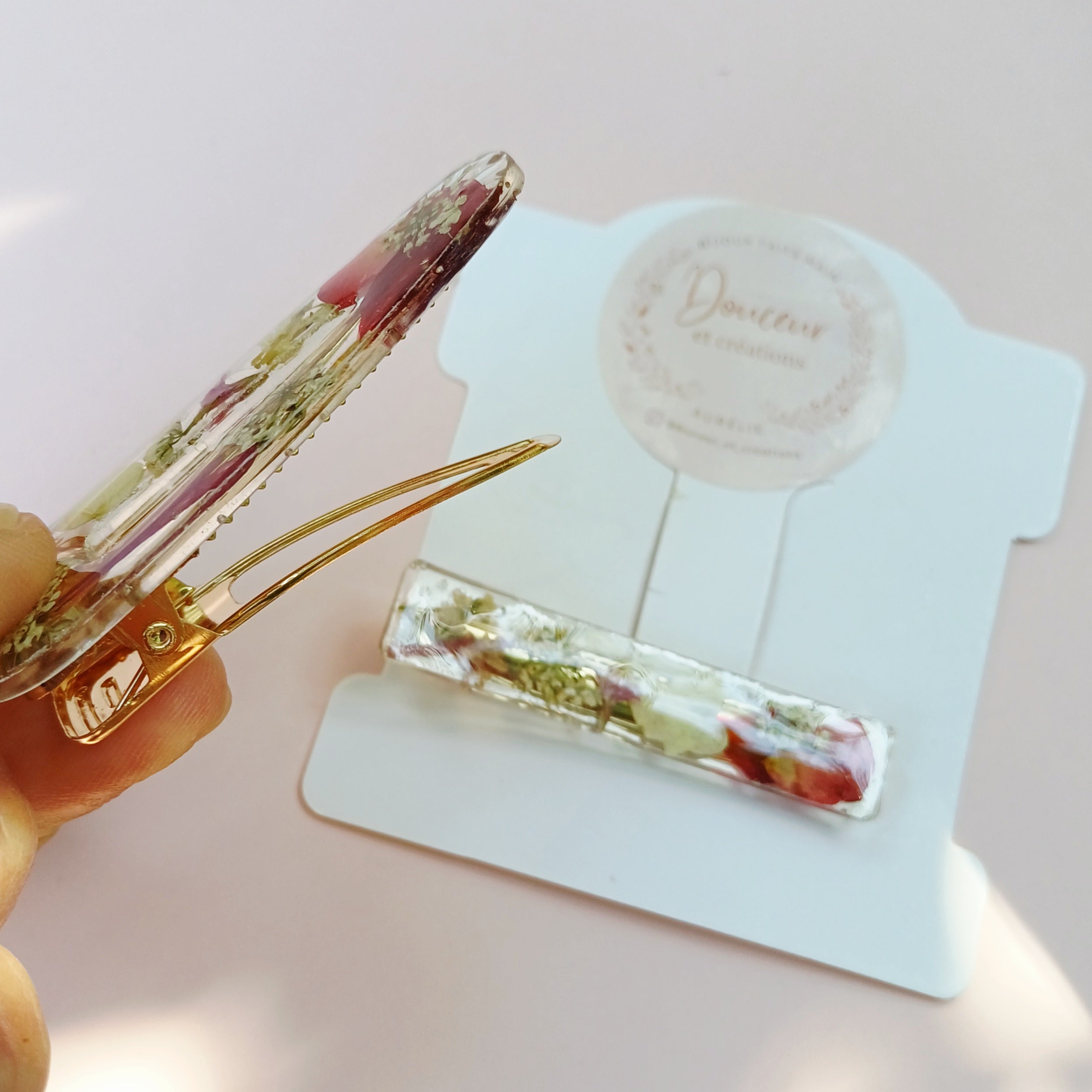 Barrettes Rose Rouge et Fleur de Carotte Sauvage séchées