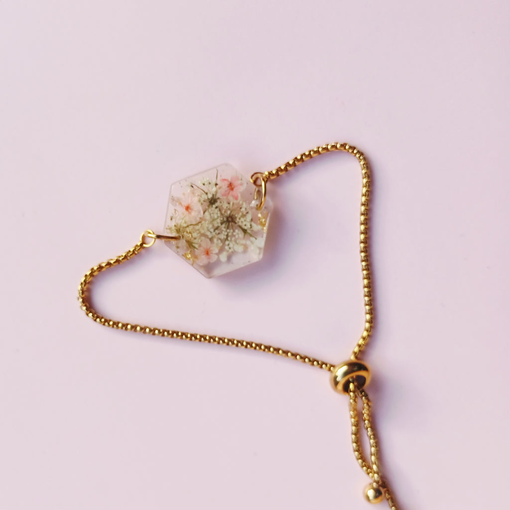 Bracelet Ajustable Fleur de Carotte Sauvage et Fleur Rose
