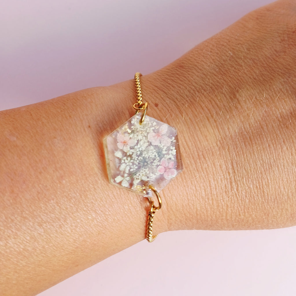 Bracelet Ajustable Fleur de Carotte Sauvage et Fleur Rose