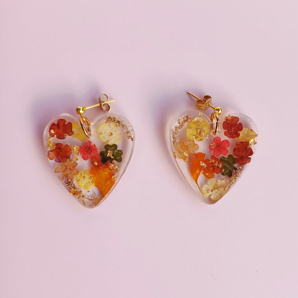 Boucles d'Oreilles Cœur Fleurs Séchées Automnales