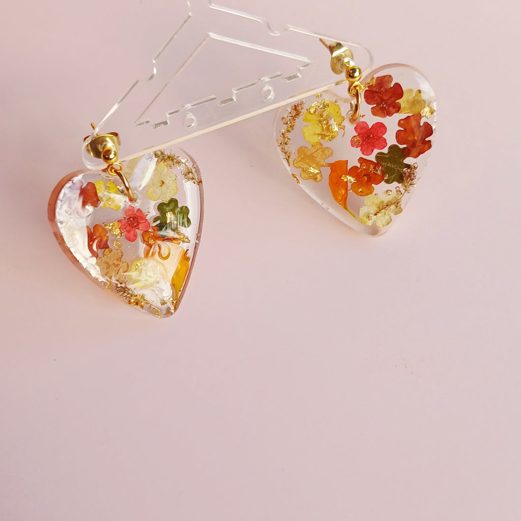 Boucles d'Oreilles Cœur Fleurs Séchées Automnales