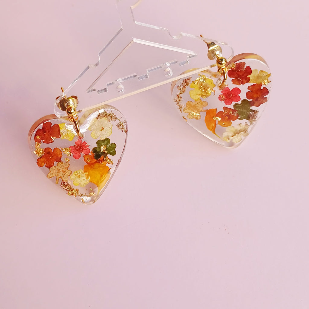 Boucles d'Oreilles Cœur Fleurs Séchées Automnales