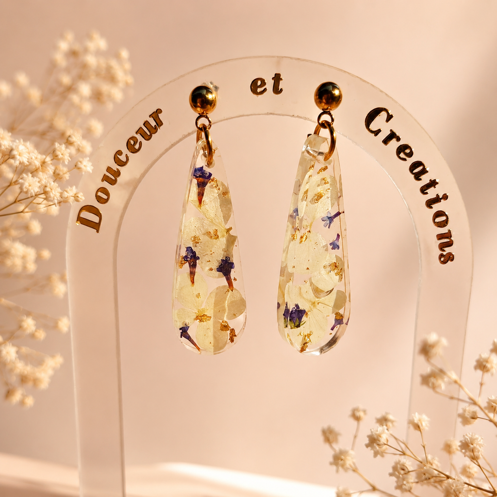 Boucles d'oreilles Hortensia Blanc - Lavande – Grâce et sérénité